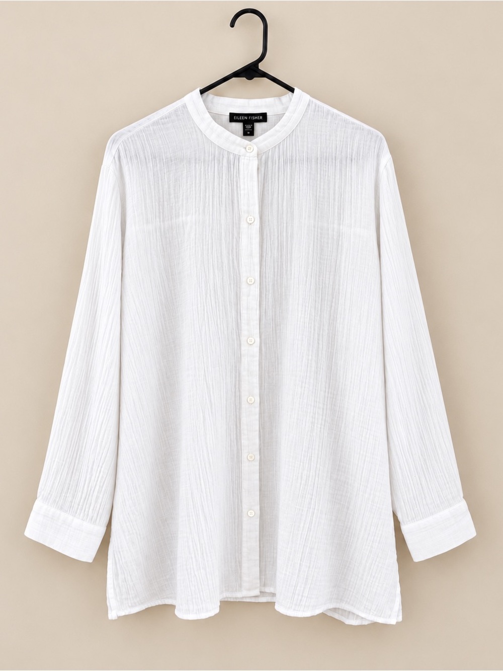Eileen Fisher Organic Cotton Ripple Band Collar Shirt White XL NWT $158
